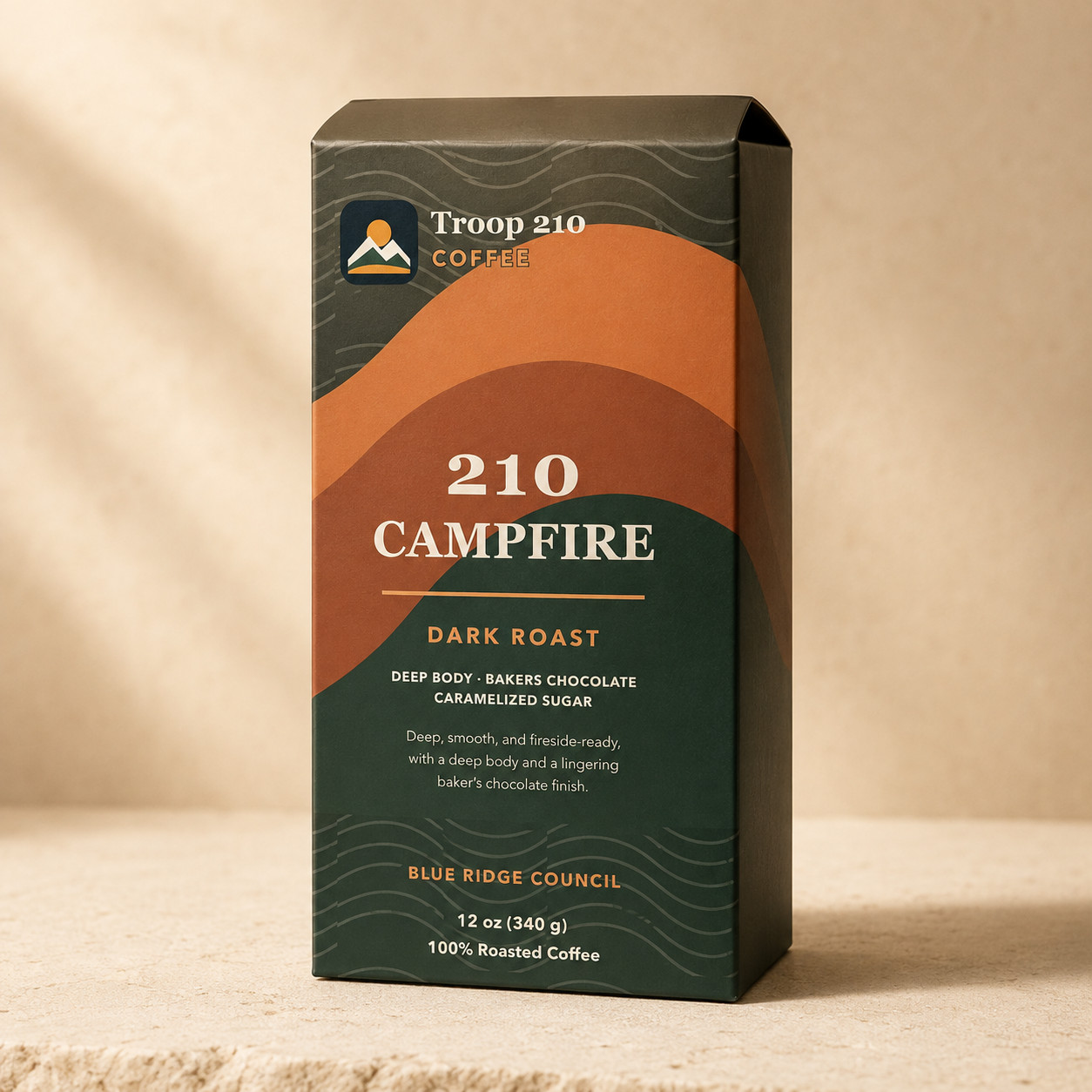 Troop 210 Campfire dark roast coffee box