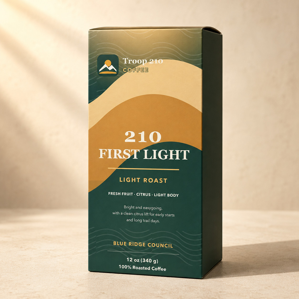 Troop 210 First Light light roast coffee box